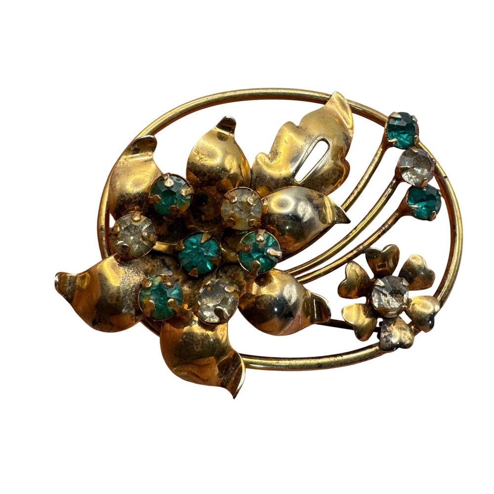 Vintage Leo Glass‎ Gilt Sterling Silver Floral Rhinestone Brooch Emerald 12g